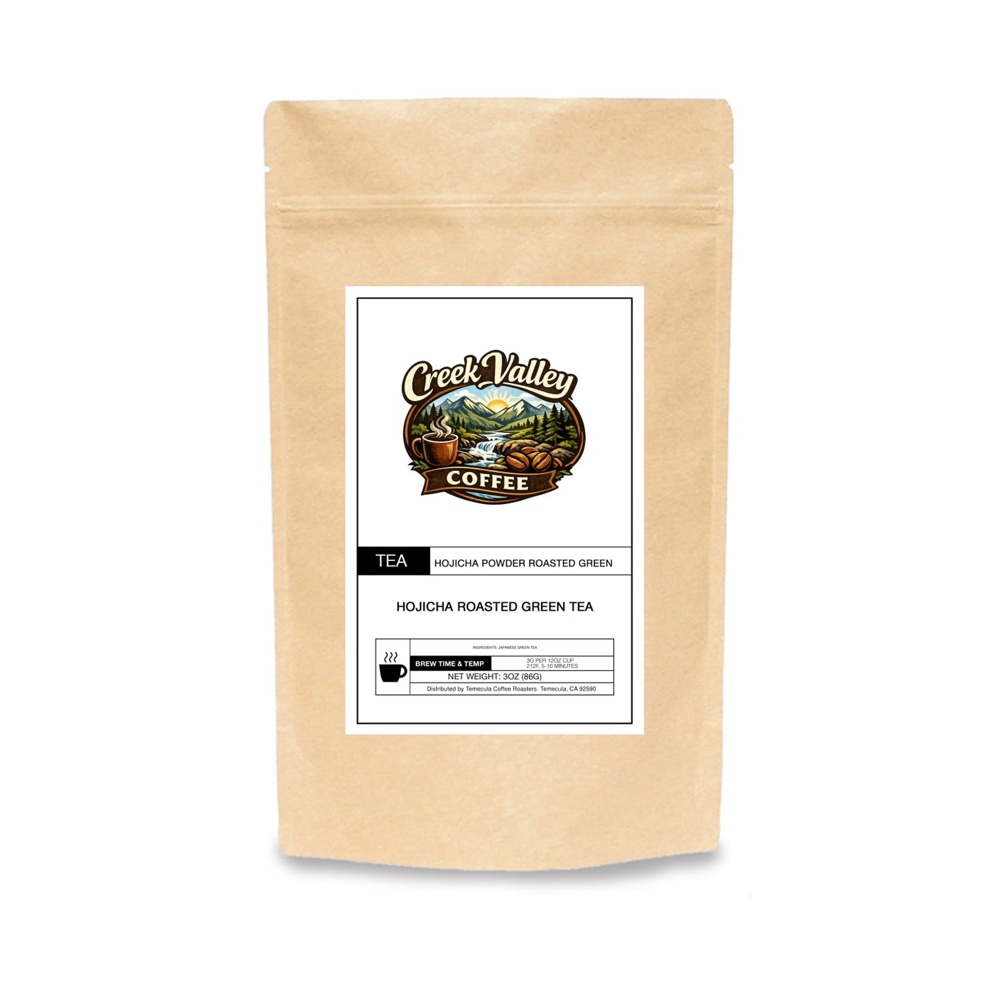 Hojicha Roasted Japanese Green Tea Powder in a packaging from Creek Valley Coffee.