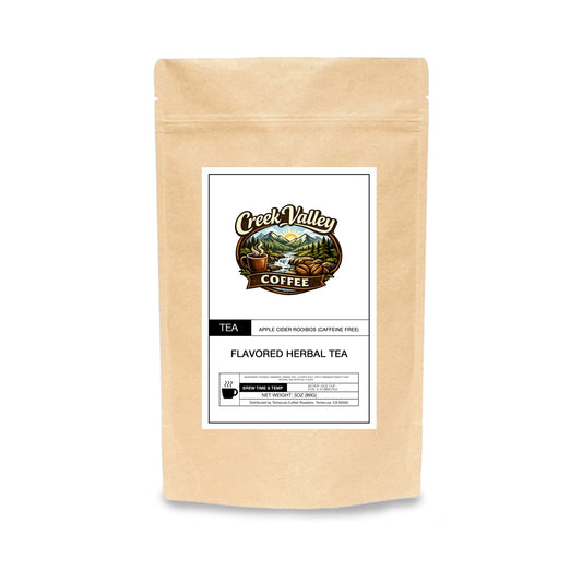 Apple Cider Rooibos Tea package with a natural kraft design showcasing its caffeine-free herbal blend.