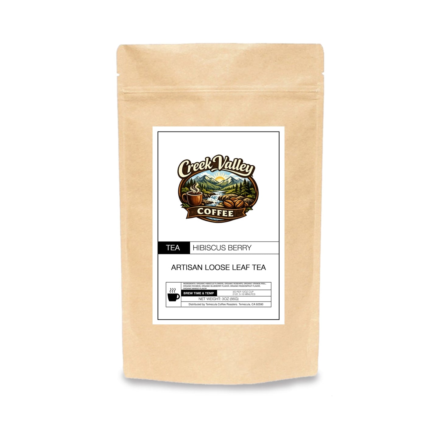 Hibiscus Berry Herbal Tea Blend package from Creek Valley Coffee featuring artisan loose leaf tea.