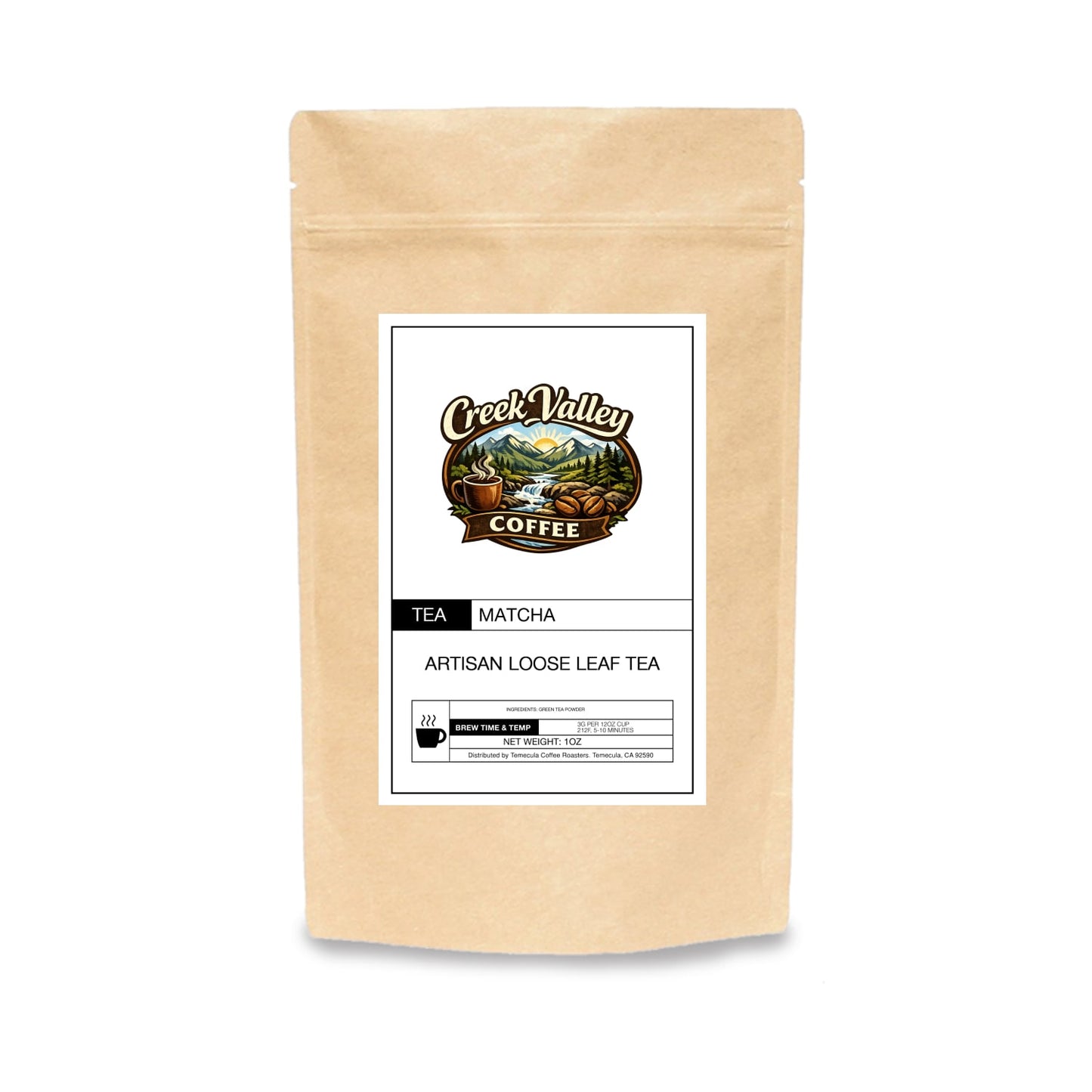 Matcha Premium Green Tea Powder in artisan packaging from Creek Valley Coffee