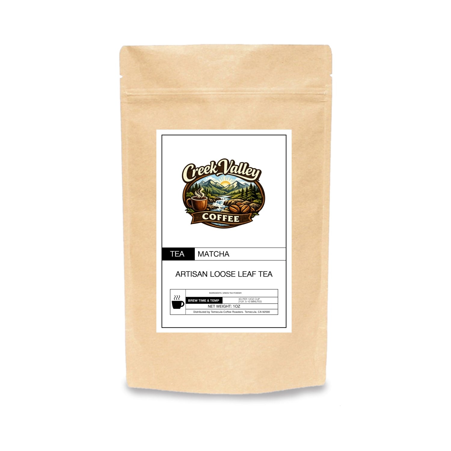 Matcha Premium Green Tea Powder in artisan packaging from Creek Valley Coffee