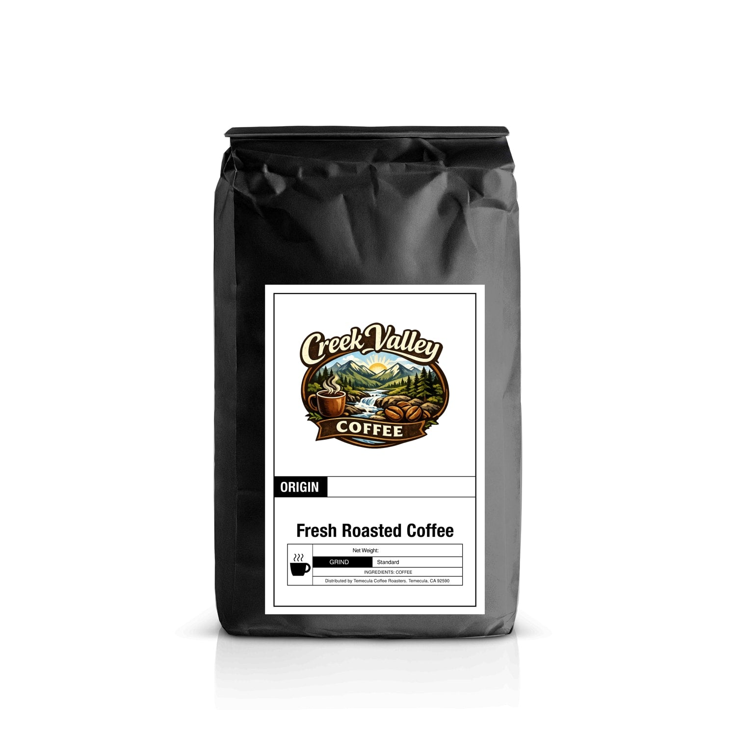 Creek Valley Coffee Fresh Roasted Coffee bag with logo and label showcasing origin and roast details.